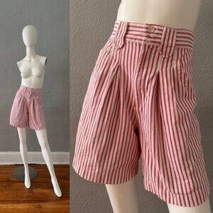 Vintage 80s Red Pinstriped High Waist Cotton Pleated Shorts S/M